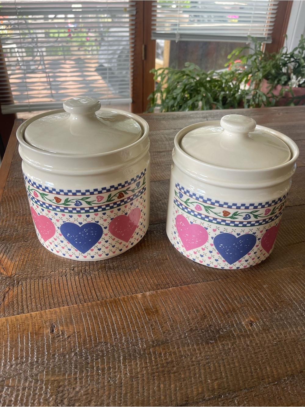 Heath Ceramics Cream Canisters with Blue and Pink Heart Motif